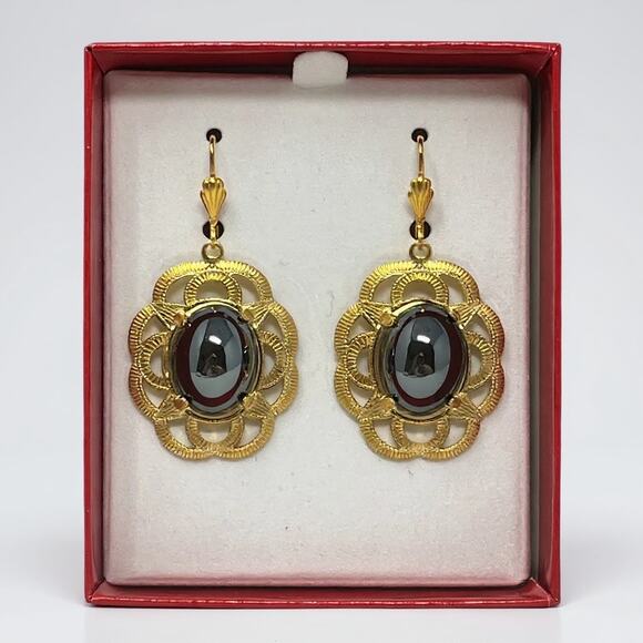 Alzi by Alzerina Magnolia Earrings. Jet Hemetite 24kt Gold-Plated Handmade in NY - Picture 3 of 7